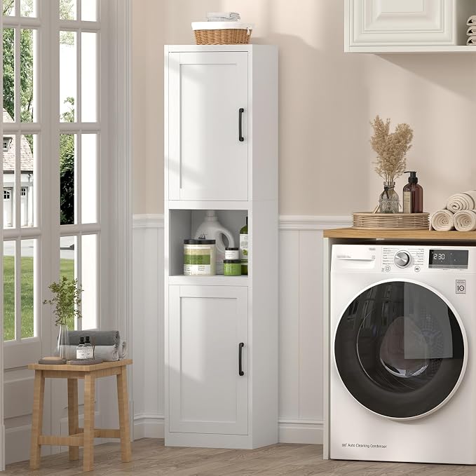 Tall Bathroom Cabinet, Slim Cabinet with 3 Adjustable Shelves, 2 Doors Narrow Storage for Bathroom, 67" H Floor Cabinet for Entryway, Kitchen, White