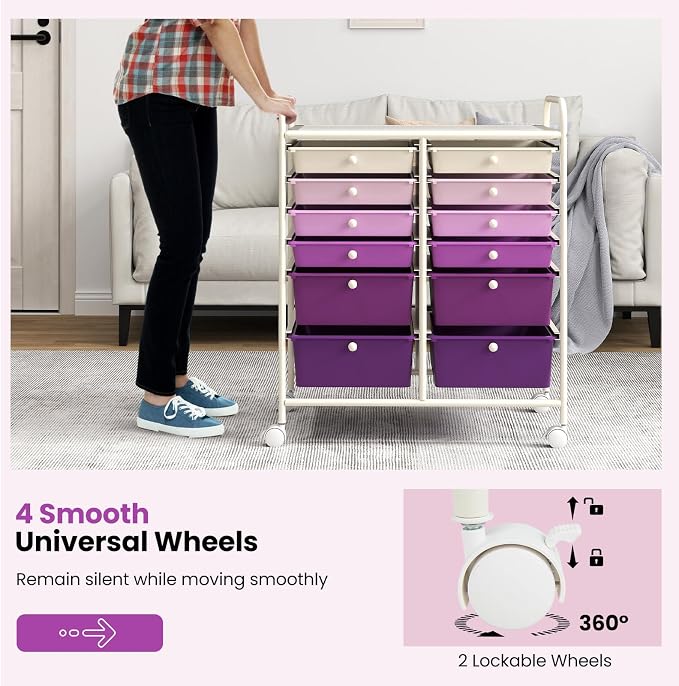 BECOMFORT 12-Drawer Rolling Cart with Drawers, Storage Cart on Wheels, Teacher Classroom Organizers with Metal Frame, Mobile Craft Cart, Trolley Utility Cart for School Office Play Room