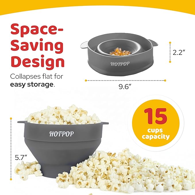The Original Hotpop Microwave Popcorn Popper, Silicone Popcorn Maker, Collapsible Bowl BPA-Free and Dishwasher Safe- 20 Colors Available (Gray)