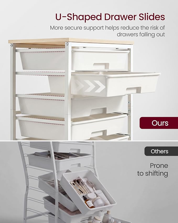 VASAGLE 8-Drawer Rolling Storage Cart, Utility Cart with Wheels and Wood Top, Craft Organizer for Office and Home, 15.6 x 11.2 x 30.1 inch, White, Benco Collection ULRC006W101