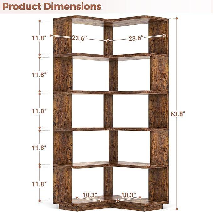 Besiost Corner Book Shelf, 6-Shelf Corner Bookshelf for Small Corner Spaces, L-Shape Bookcase Corner Display Shelf for Home Office, Living Room, Bedroom, Kitchen Pantry, Rustic Brown