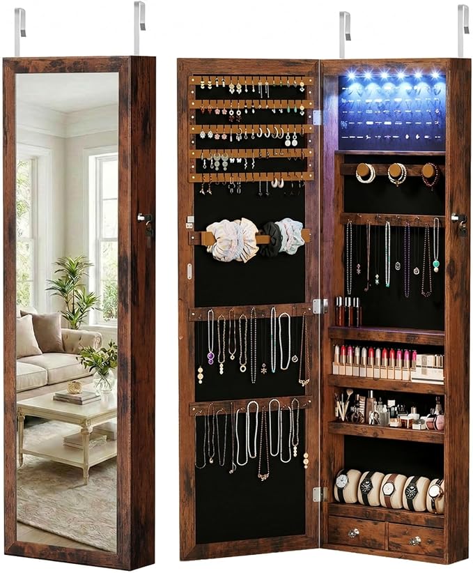 DUMOS Jewelry Armoire Cabinet with Full Length Mirror, 47.2" Wall Mounted or Over the Door Jewelry Organizer with 33 Necklace Hooks, Lockable Large Capacity with Drawers, Rustic Brown