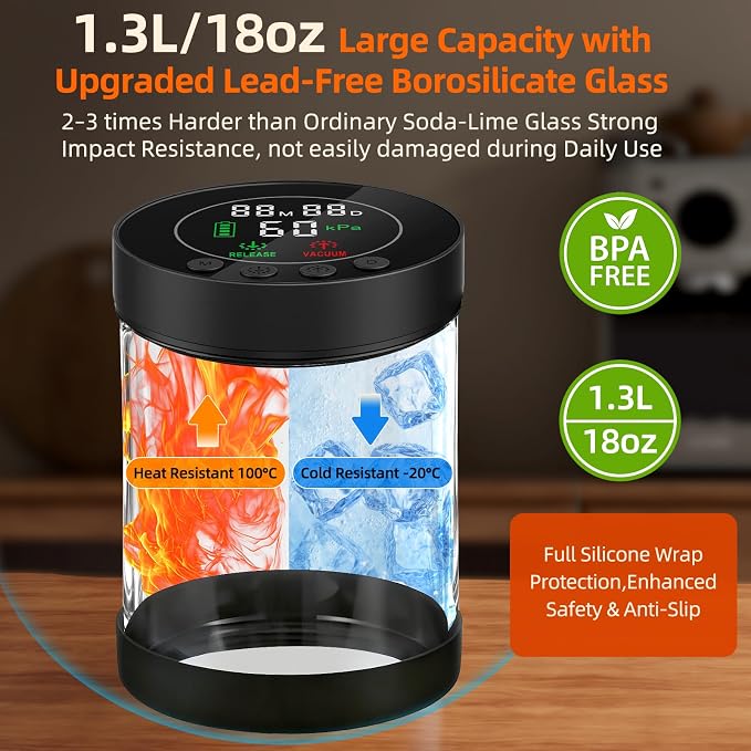 Automatic Vacuum Coffee Canister, 1.3L Coffee Container with LED Display | Smart Pressure Sensor,Window,Scoop Rechargeable Airtight Electric Coffee Bean Storage for Home Kitchen Ground Food Storage