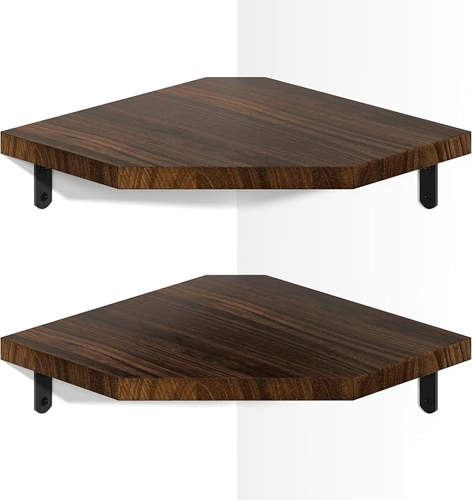 Alsonerbay Pine Wood Corner Shelves with Cord Hole 2-Pack, Carbonized Black | Diamond-shaped, cable management, 40 lbs/shelf, 0.79" thick pine, L-shaped metal brackets, for router & media devices