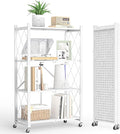 Fenbeli 4 Tier Folding Storage Shelf with Wheels, Heavy Duty Metal Shelving Unit No Assembly, Foldable Rolling Storage Rack 600 LBS Capacity, Locking Casters for Garage Kitchen Pantry(White, 4 Tier)