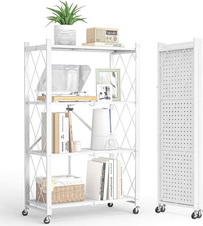 Fenbeli 4 Tier Folding Storage Shelf with Wheels, Heavy Duty Metal Shelving Unit No Assembly, Foldable Rolling Storage Rack 600 LBS Capacity, Locking Casters for Garage Kitchen Pantry(White, 4 Tier)