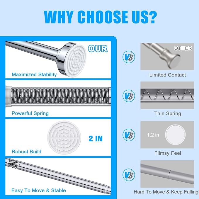 TEECK 2 Pack Shower Curtain Rod, 32-80 inch Adjustable Spring Tension Curtain Rod, Never Rust Anti-Slip Shower Curtain Rod for Bathroom, No Drilling, Never Collapse, Easy to Use, Silver