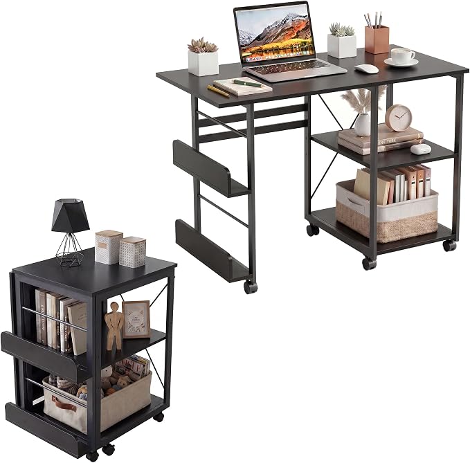 Garvee Folding Desk with Wheels, 31.5" Foldable Computer Desk with Storage Shelf, Space Saving Rolling Home Office Desk for Small Spaces, Portable Writing Table with Side Organizer, Black