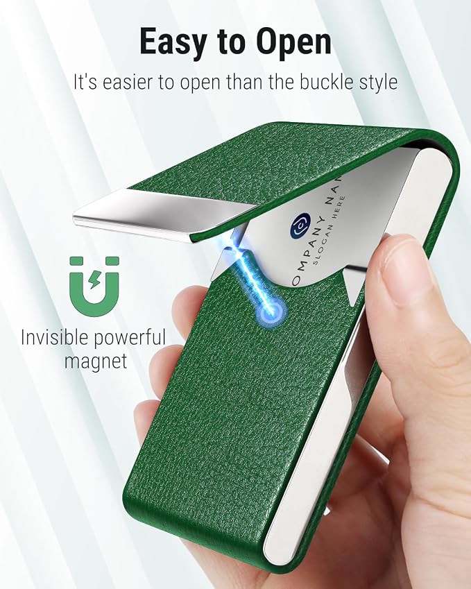 MaxGear Business Card Holder, PU Leather Business Card Case, Dark Green | Stainless Steel Interior, Magnetic Closure, RFID Blocking, Holds 15–25 Standard Business Cards