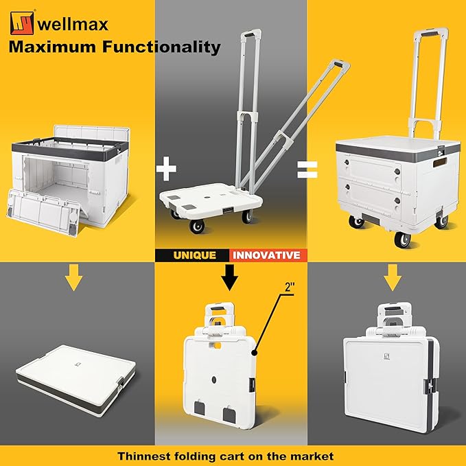 Wellmax Rolling Crate with Wheels, Foldable Utility Cart with Adjustable Handle, Silent Rolling Design, 132 lbs Load Capacity — Great for Teachers, Office, Groceries & Everyday Use