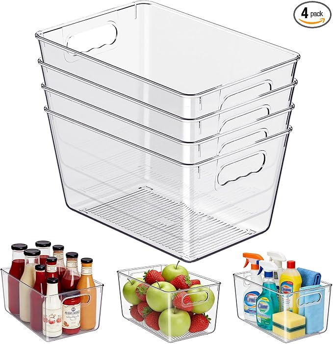 Clear Fridge Organizer Bins with Handles, 4 Pack Large 11.5×7.5×6 Inch | Clear pantry food storage bins with handles, ideal for kitchen, countertops, cabinets, fridge and freezer