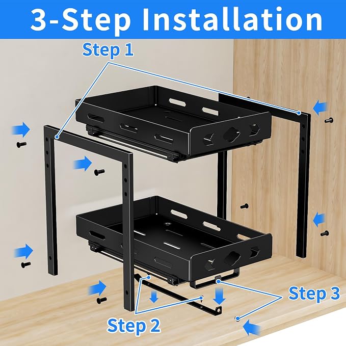 Pull Out Spice Racks for Inside Cabinets, 2 - Tier Cabinet Spice Rack Organizer, Height Adjustable Vertical Spice Rack for Cabinet, Kitchen, Pantry, Cupboard (7.5''Wx10.8''Dx9.2''H, Metal Black)