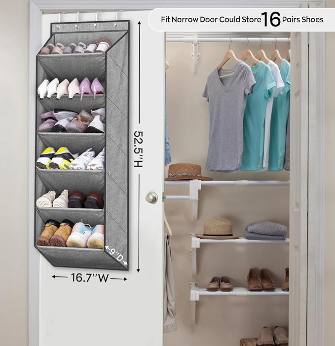 SLEEPING LAMB Over The Door Shoe Organizer for Closet with Large Deep Pockets, Narrow Shoe Rack for Door Hanging Boots Storage, Grey