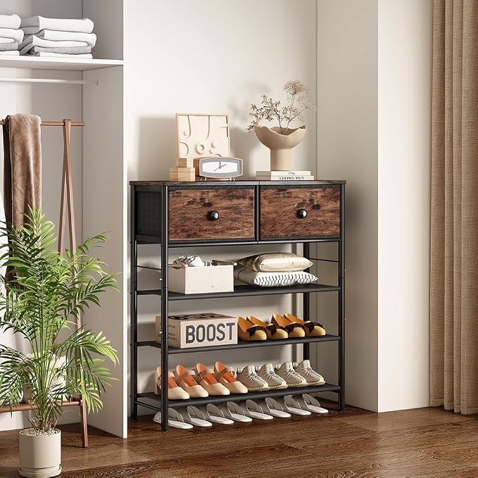 INGIORDAR 5 Tier Shoe Rack Storage Organizer with 2 Drawers MDF Board | Metal space-saving Shoe Shelf stores 16 Pairs of Shoes for Closet Entryway Bedroom Living Room Garage Black+Rustic Brown