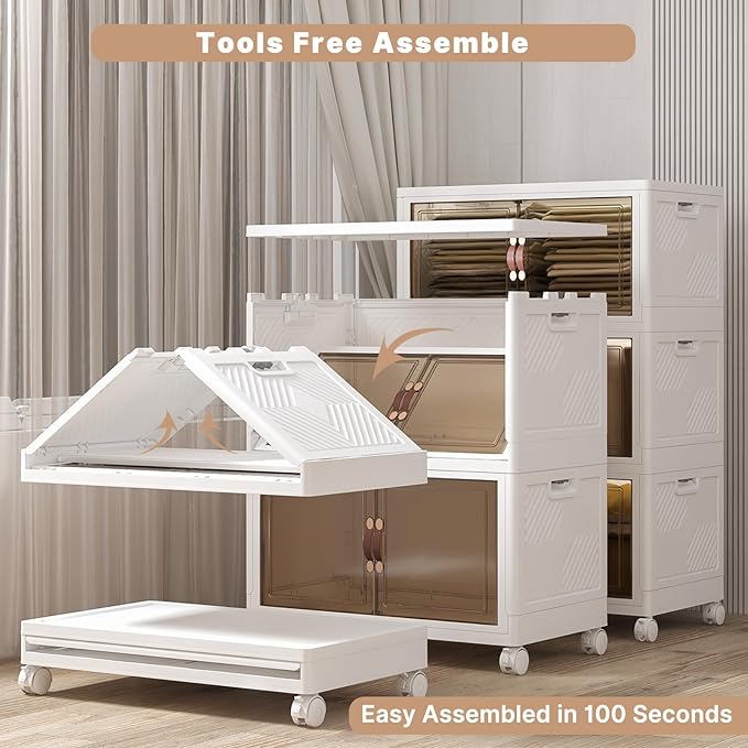 UAMFURI Extra Large Stackable Storage Bins with Lids & Wheels, 672QT-168QT/42GAL*4Pack Foldable Collapsible Closet Organizers Storage Cabinet with Doors for Bedroom Dorm