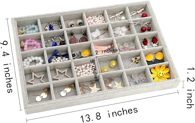 Stratalife 30 Grid Jewelry Organizer Tray, Stackable Drawer Earring Organizer with Adjustable Dividers, Jewelry Display Tray for Necklace Earring Ring Bracelet, 13.8" x 9.4" x 1.2", Grey