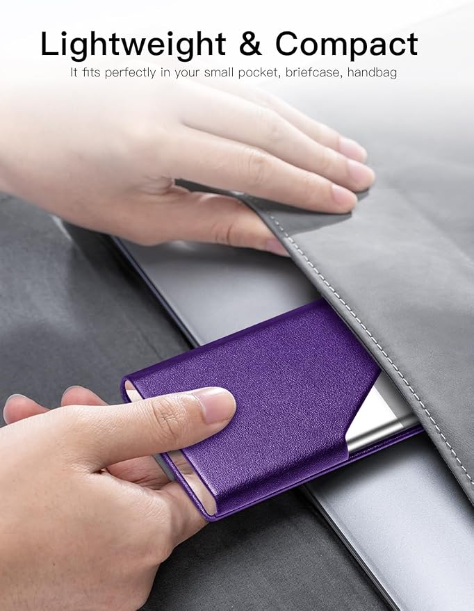 Padike Business Card Holder, Upgraded Leather Business Card Case Pocket Card Holders for Men or Women, Metal Slim Name Card Holder RFID Blocking Business Card Carrier with Magnetic Closure(Purple)