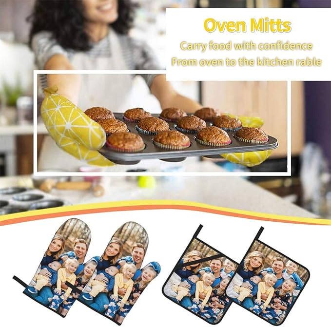 Custom Oven Mitts and Pot Holders Personalized with Your Picture Text, Baking Gifts for Women for Kitchen Cooking, BBQ, Grillin-Style3, 2 Oven Mitts+ 2 Pot Holders