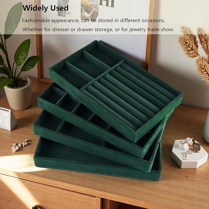 Stackable Jewelry Organizer Trays for Drawer, Set of 4 Velvet Jewelry Drawer Inserts in Dresser, 8in Storage Display Case for Rings Stud Necklaces Accessories(Green)
