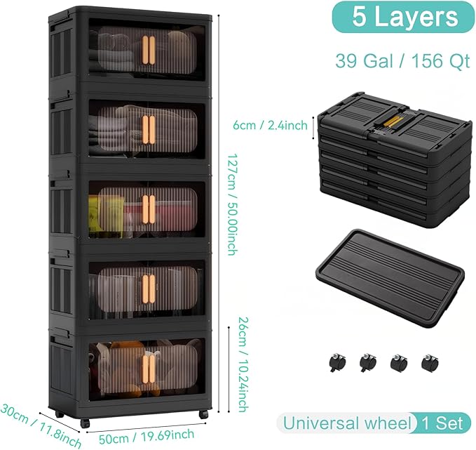 Foldable Storage Cabinet，Plastic Cabinet，Stackable Storage Bins， Open Front with Magnetic Door and Wheels(Black - 5Tiers)