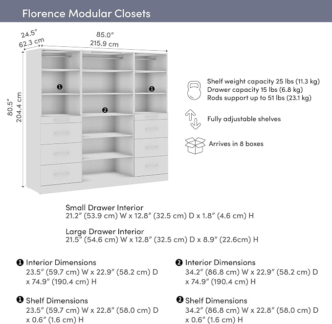 Bestar 85W x 25D Modular Closet Organizer System, Reach-in Closet or Walk-in with LED Lights, Shelves, and Drawers, Slab Style, Florence Collection, White
