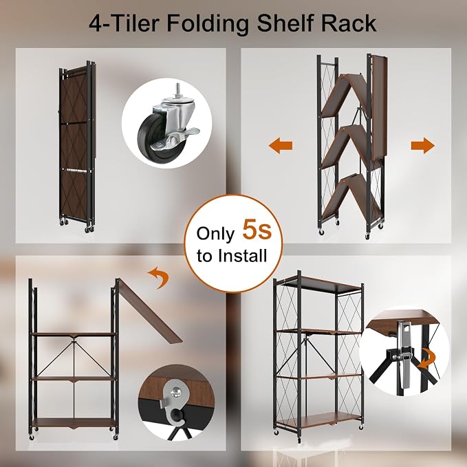 4 Tier Folding Storage Shelves with Wheels, Foldable Bookshelf No Assembly Collapsible Shelf Heavy Duty Rolling Shelving Unit for Kitchen Bedroom Living Room (Black, 27.9"x 13.3"x 49")