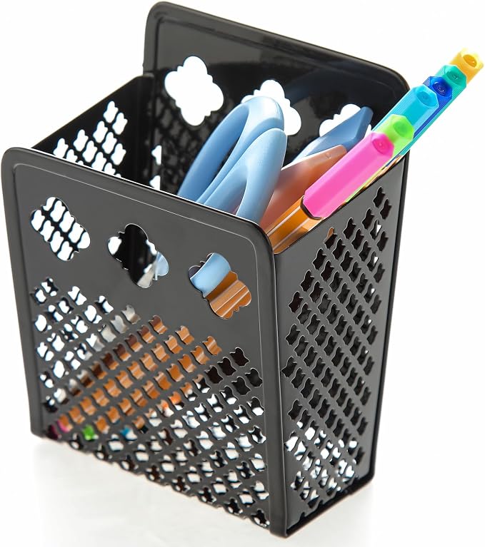 2 Pack Magnetic Pen Holder, Strong Magnet Dry Erase Marker Holder | Metal Mesh Pencil Organizer Hanging Pencil Holder for Refrigerator, Whiteboard, Locker Accessories, with Hook, Black