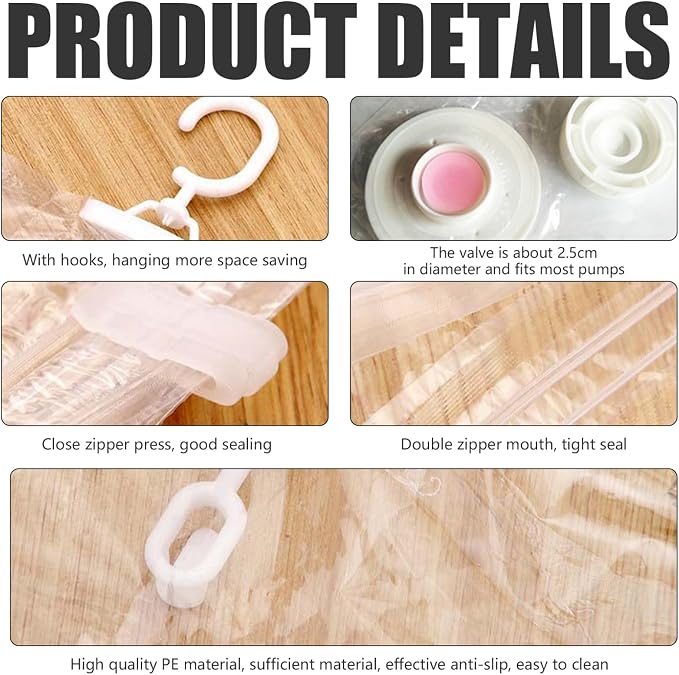 5Pcs Vacuum Bags for Clothes Space Saving Vacuum Seal Bag Hanging Storage Bag with Hooks ＆ Zip 26.4x43.3 Inch Dustproof Reusable Compressed for Clothing Closet Organizer