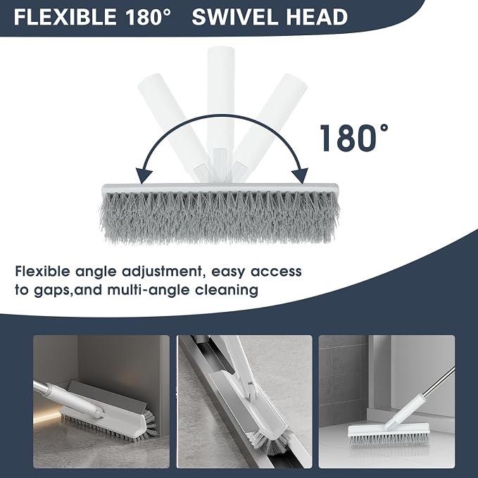 Floor Scrub Brush with Long Handle, 2 in 1 V-Shape Grout Brush with Squeegee + 2 Crevice Cleaning Brushes, Heavy Duty Stiff Bristle Scrubber Brush for Cleaning Shower Bathroom Kitchen Tile