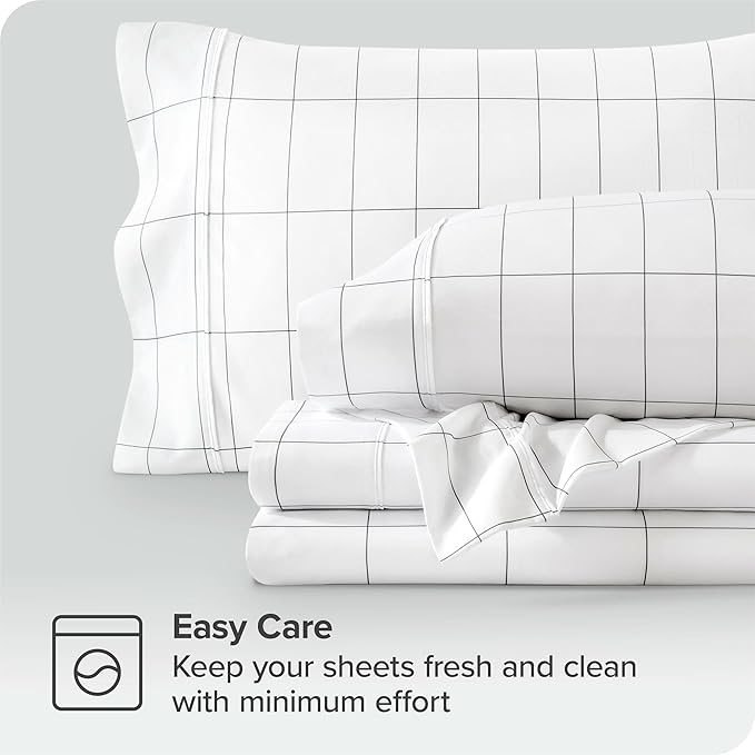 Bare Home California King Sheet Set - Luxury 1800 Ultra- Soft Double Brushed Microfiber - Deep Pockets - Easy Fit - 4 Piece Bedding Sheet Set (California King, Grid - White/Grey)