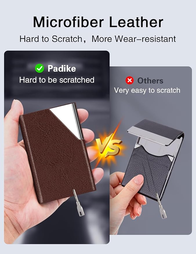 Padike Business Card Holder, Upgraded Leather Business Card Case Pocket Card Holders for Men or Women, Metal Slim Name Card Holder RFID Blocking Business Card Carrier with Magnetic Closure (Z-Coffee)