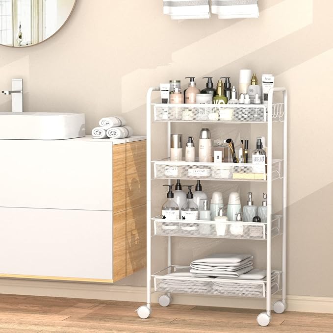 4-Tier Mesh Rolling Cart - 35 BLS/Tier Full Metal Cart with Wheel & 4 Hooks | Space-Saving 140bls Capacity Storage Organizer Crafts Utility Cart for Kitchen Pantry Office Bathroom Laundry Nursery, White