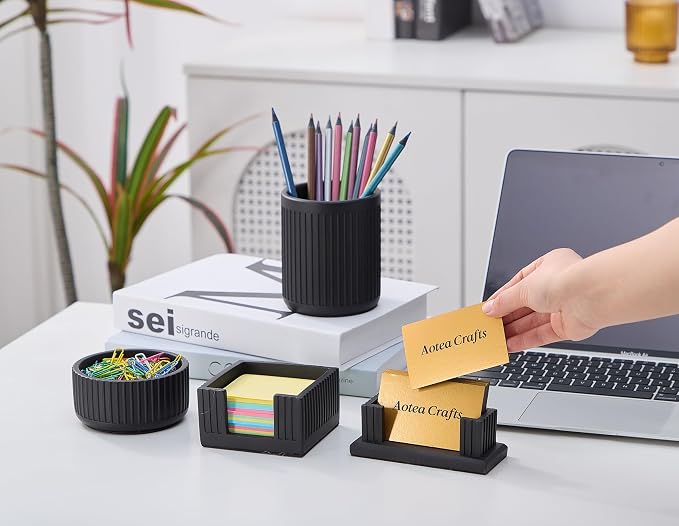 Concrete Business Card Holder Desk - Business Card Display Stand - Black | Handmade- Durable, Sturdy- Modern Industrial & Fluted Minimalist Aesthetics