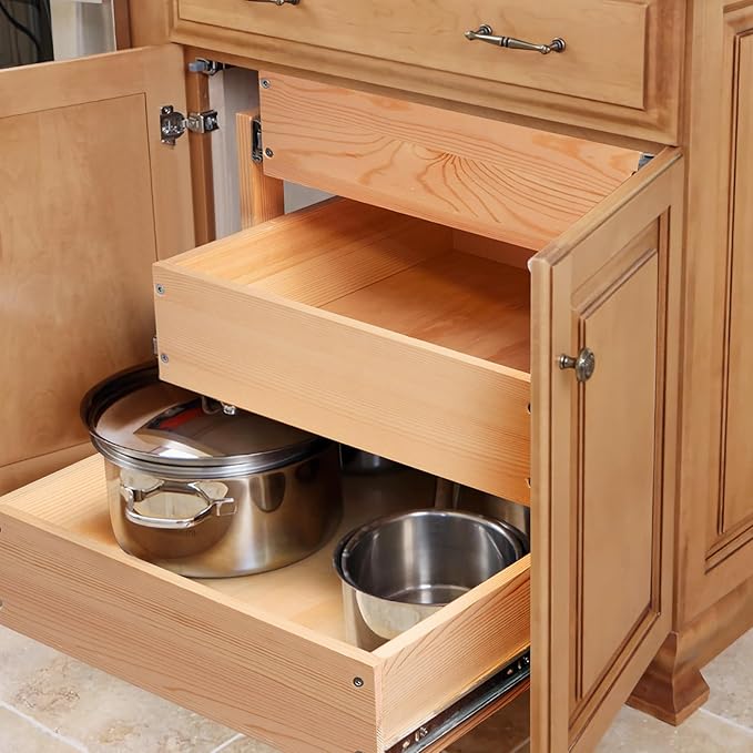 Mulush Pull Out Drawers For Cabinets, 14''W×21''D×19''H Soft Close Slide Out Wood Shelves Storage Organizer for Kitchen, 3-Tier, Finished, Heavy-Duty, Bottom Assembly