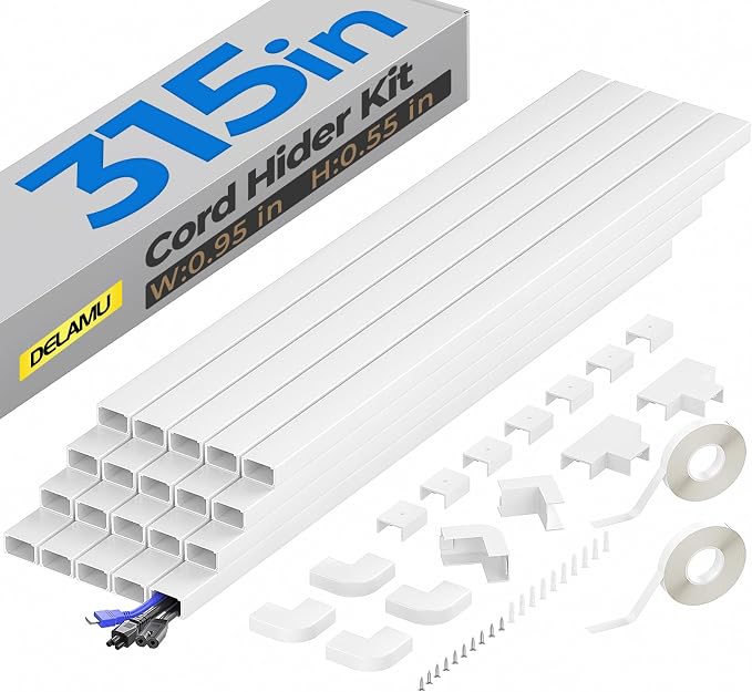 Delamu Cable Hider, 315in Cord Covers for Wires on Wall, One-Cord Cord Hider, Paintable Wire Hiders Wire Covers for Cords, Cable Management for Hiding 2-3 Wires, 20x L15.7 W0.95 H0.55in, White