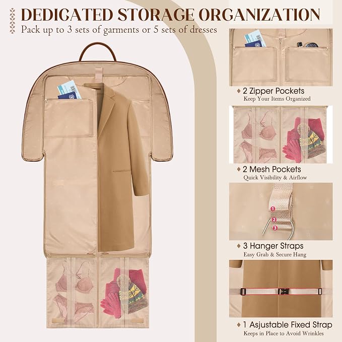 RAINSMORE Garment Bag for Travel Womens Hanging Suit & Dress Travel Bag Foldable Garment Duffle with Pockets & Strap, Carry On Compatible