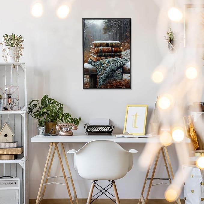 Vintage Books Winter Book Lover Art Aesthetic Poster Canvas Wall Art Decoration Living Room Home Decor Bedroom Decoration Poster black framed24x36inch