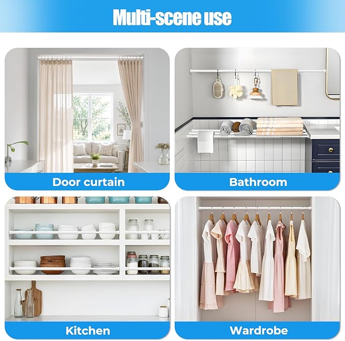Spring Tension Curtain Rods 28-48 Inch White 2 Pack | No-drill & tool-free setup. Fits windows, kitchens, doorways. Rust-resistant, great for light curtains.