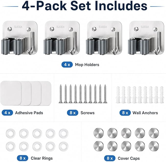 Broom Holder Wall Mount 4 Pack, Heavy Duty Mop and Broom Holder with Hooks, 304 Stainless Steel Broom Hanger, Self Adhesive or Screw Mount Organizer for Kitchen Laundry Garage