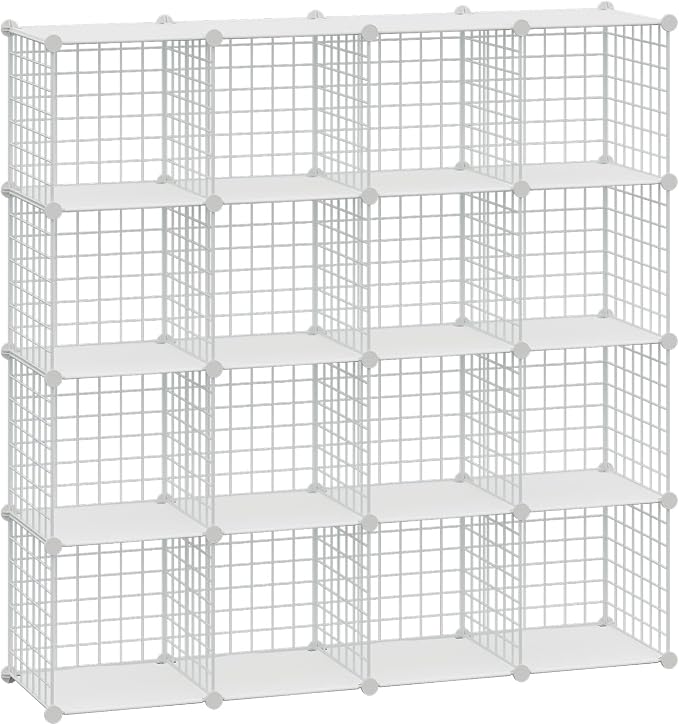 HUBSON Wire Cube Storage Organizer, Book/Toy/Craft/Potted Plants and Pet Closet Organizers, 16-Cube Freely Combinable Metal Grid Storage Shelves, White Plus Iron