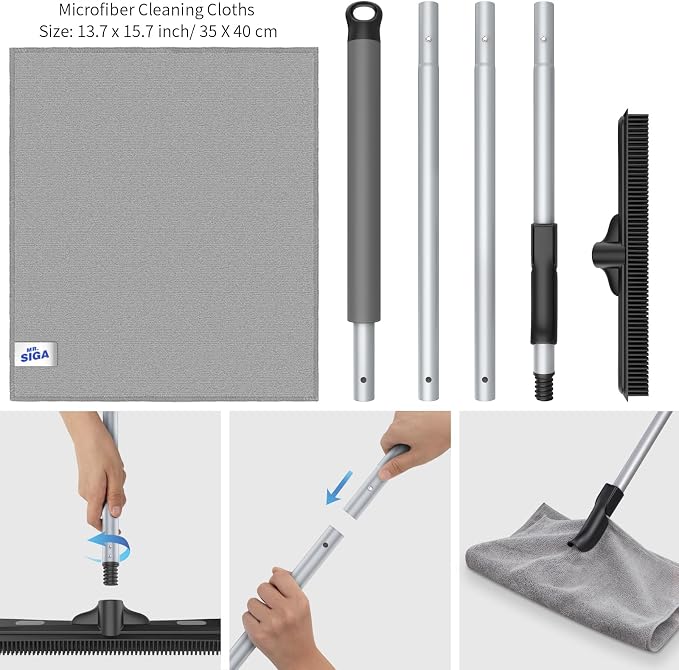 MR.SIGA Pet Hair Removal Rubber Broom with Built in Squeegee | 3 in 1 floor brush for carpet, 61 inch adjustable handle, includes 1 microfiber cloth for floor dusting