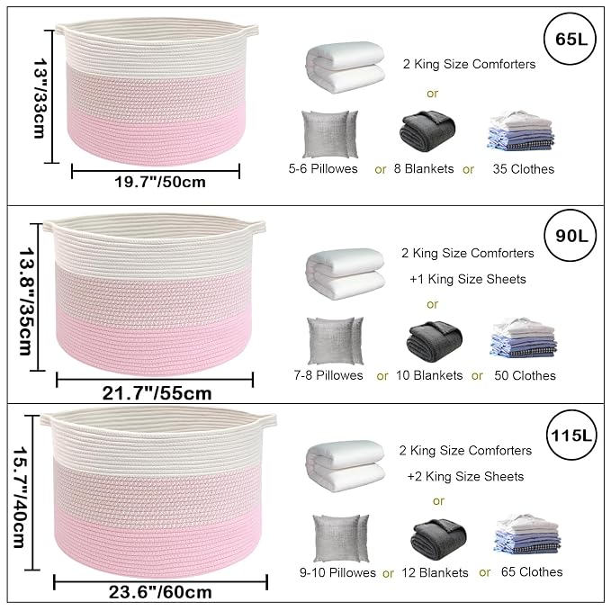 65L Large Blanket Basket,Woven Rope Laundry Basket Hamper with Handles,Decorative Nursery Basket Storage Bin for Toys, Pillows, Clothes Organizer, Living Room, Bedroom, Bathroom, Pink
