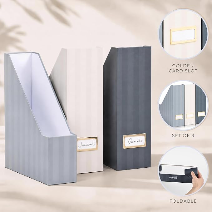 Beautiful Magazine Holder Set of 3 - Sturdy File Holder to Organize Your Desk or Shelves - The Perfect Office & Work Storage to Effortlessly Arrange Your Paperwork, Files, Magazines, Books or Binders