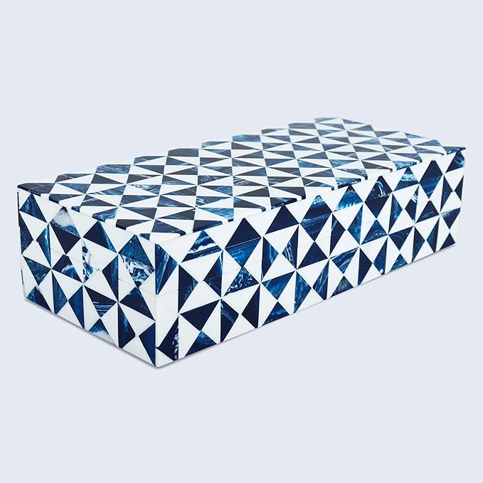Handicrafts Home Blue and White Decorative Storage Box with Lid– Coffee Table Storage Box, Handmade Resin Inlay Wooden Box, Remote Control Holder, Decorative Organizer, Jewelry & Keepsake-10x4.5x2.5