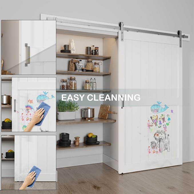 48''x96'' Sliding Barn Door with 8 Ft Brushed Nickel Hardware Kit | Pre-Drilled Holes Easy Assembly - Include Installation Manual, Water-Proof PVC Surface, H-Frame, White