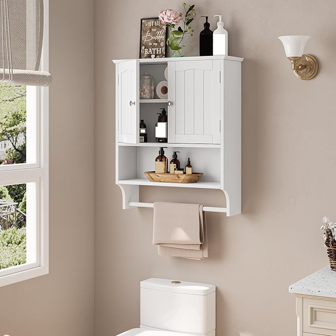 Bathroom Cabinet, White Bathroom Wall Cabinet with 2 Doors and Adjustable Shelf, Wall Mount, Towel Rack, Over The Toilet Storage Cabinet, Medicine Cabinet
