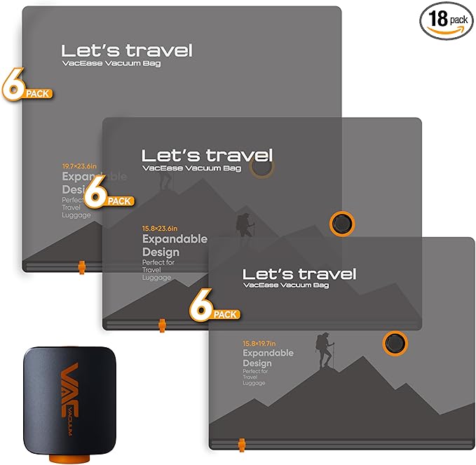Travel Vacuum Bags for Clothing with Rechargeable Cordless Pump,Vacuum Storage Bags,18 Pack Vacuum Bags,Compression Packing for Clothes,Pillows,Comforters & Travel