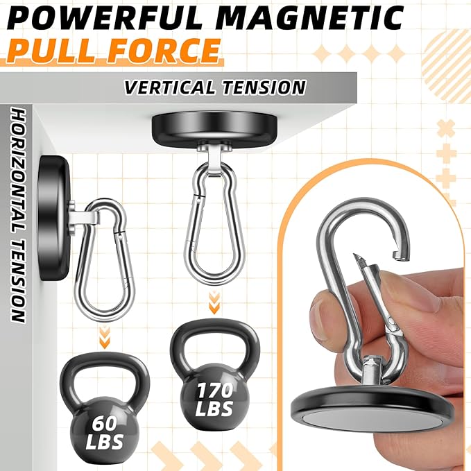 FINDMAG Magnetic Hooks 170LBS Heavy Duty with Carabiner Hook, Strong Magnetic Hooks for Hanging at Home, Office Locker, Workplace, Refrigerator, Cruise Ship or Travel (Black, 4)