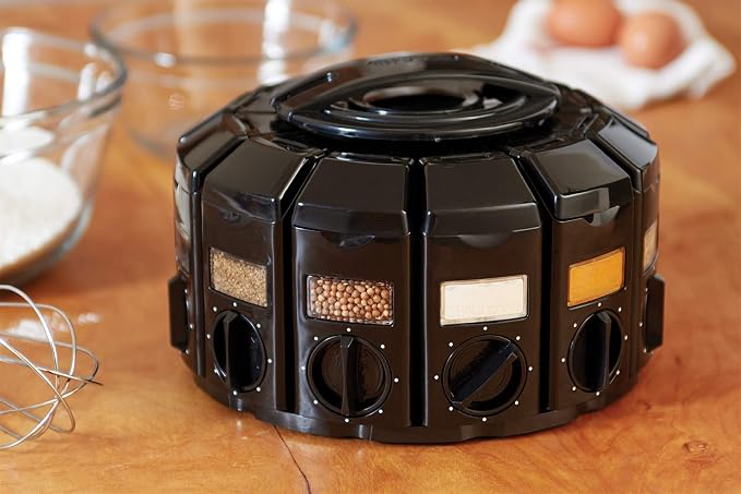 Kitchen Art Spice Rack Select-A-Spice Auto-Measure Carousel 12 Compartments Black 8.75 x 8.75 x 6 inches | 12 Spice Canisters | 55 Labels Included | Revolving Spice Rack | Each Jar Dispenses 1/4 Teaspoon With Each Twist | Mountable