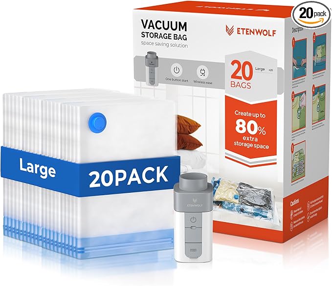 ETENWOLF Vacuum Storage Bags for Travel with Rechargeable Wireless Pump, Vacuum Seal Bags for Clothes and Travel, Space Saver Bags in Carry-On Sizes, Perfect for Luggage and Suitcases, 20 Large